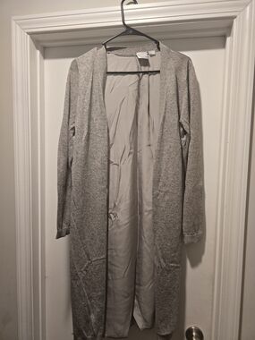 Oc Silk Back Mixed Media Duster Cardigan Gray Linen Blend Open Front Long Line M